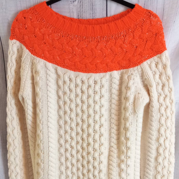 Boden | Wool Alpaca Mohair Cream & Neon Orange Cable-Knit Tunic Sweater UNIQUE - Picture 3 of 11